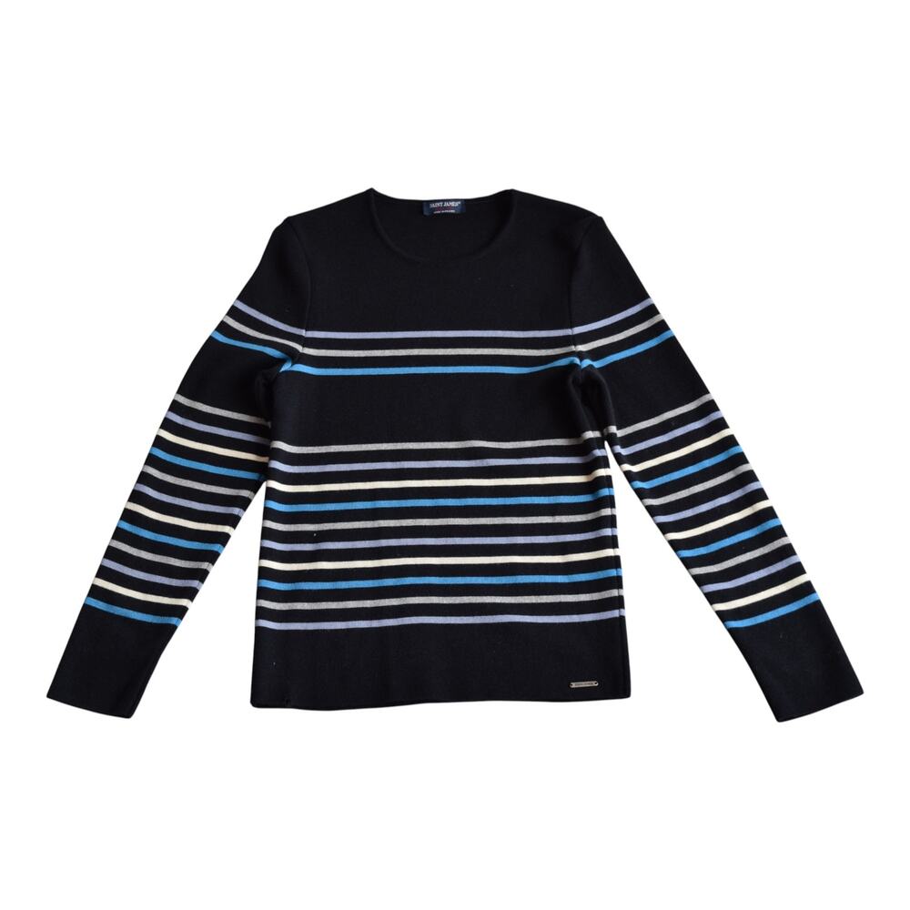 Saint James France Striped Wool Blend Crewneck Sweater - Navy Multi - Size S